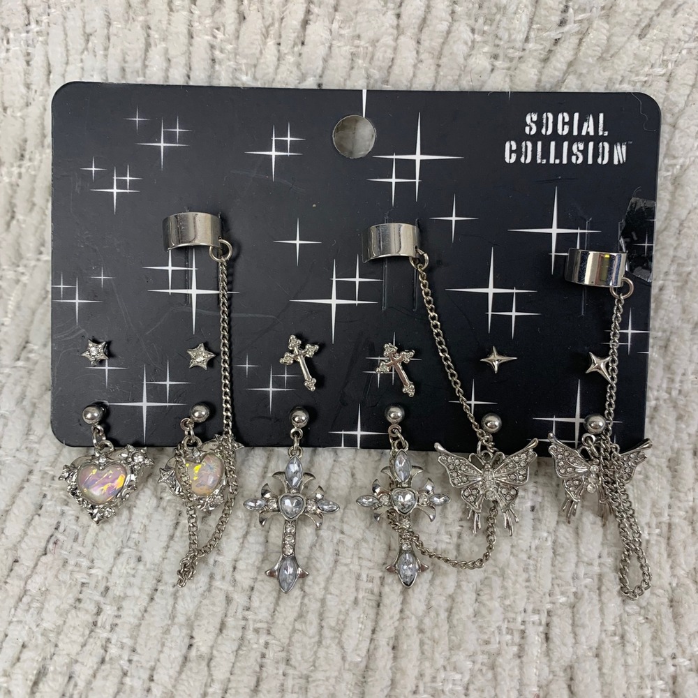 Social Collision Earring Bling Spikey Heart Cross Cuff Butterfly 6PK Goth y2K